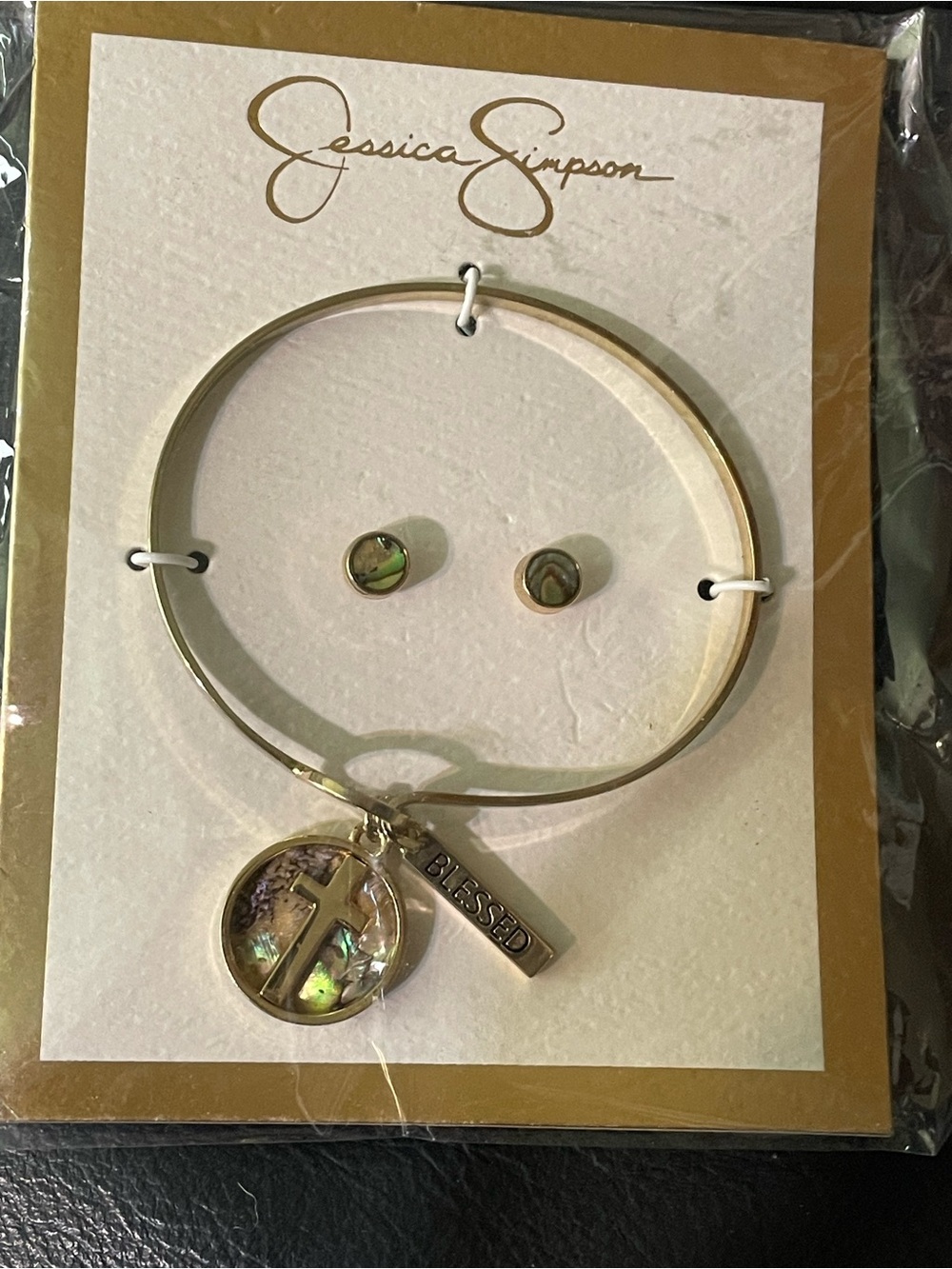 Jessica Simpson Gold-Tone Charm Bangle Set with Abalone Inlay